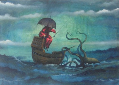 Precarious absurdity amidst stormy, fantastical circumstances.
