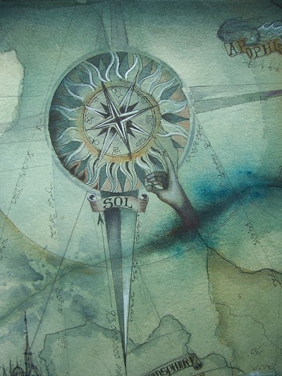Mysterious celestial navigation map with a divine hand.