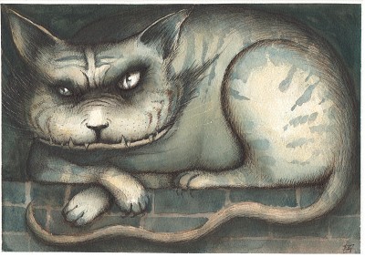 A sly and watchful presence with unsettling intensity.