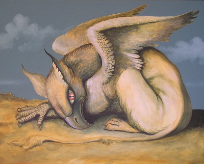 A creature appears weary, its gaze intense yet troubled.