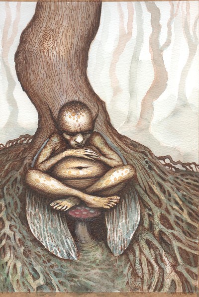 Melancholy hermit in a surreal forest.