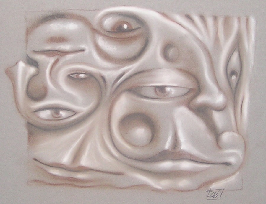 Disturbing, fragmented faces in suggestive lighting.