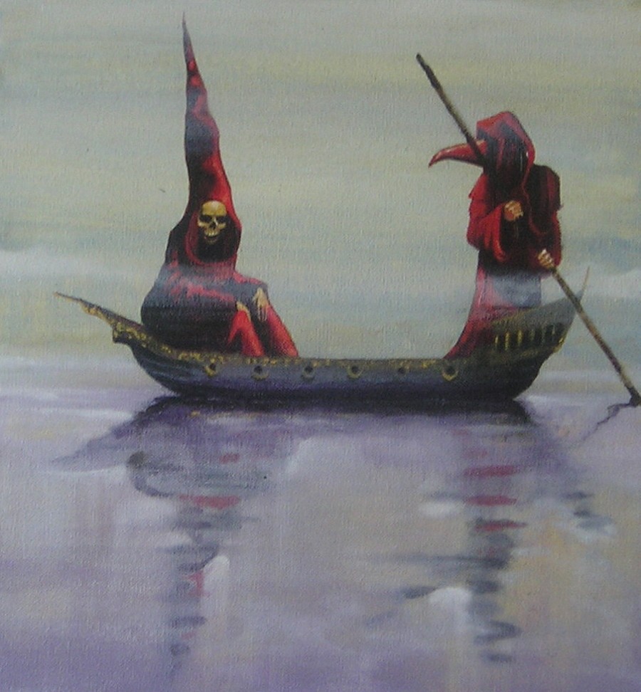 Sinister ferryman and passenger on a spectral voyage