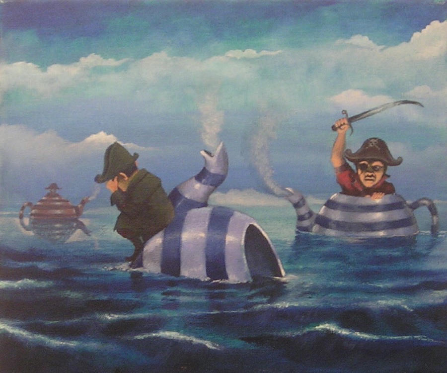 A surreal, dreamlike scene of improbable aquatic beings.