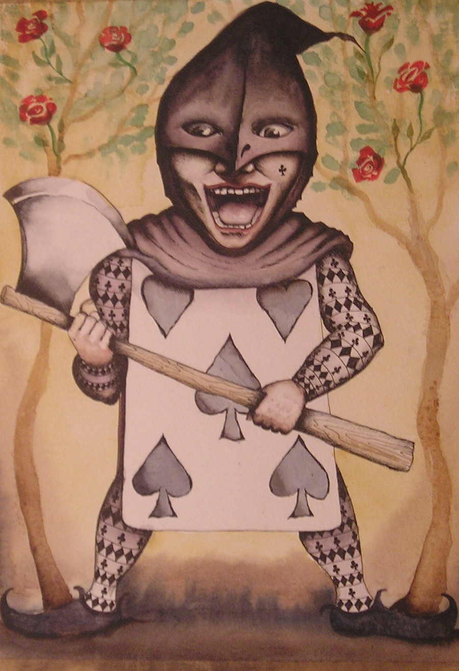 A macabre jester with a menacing grin
