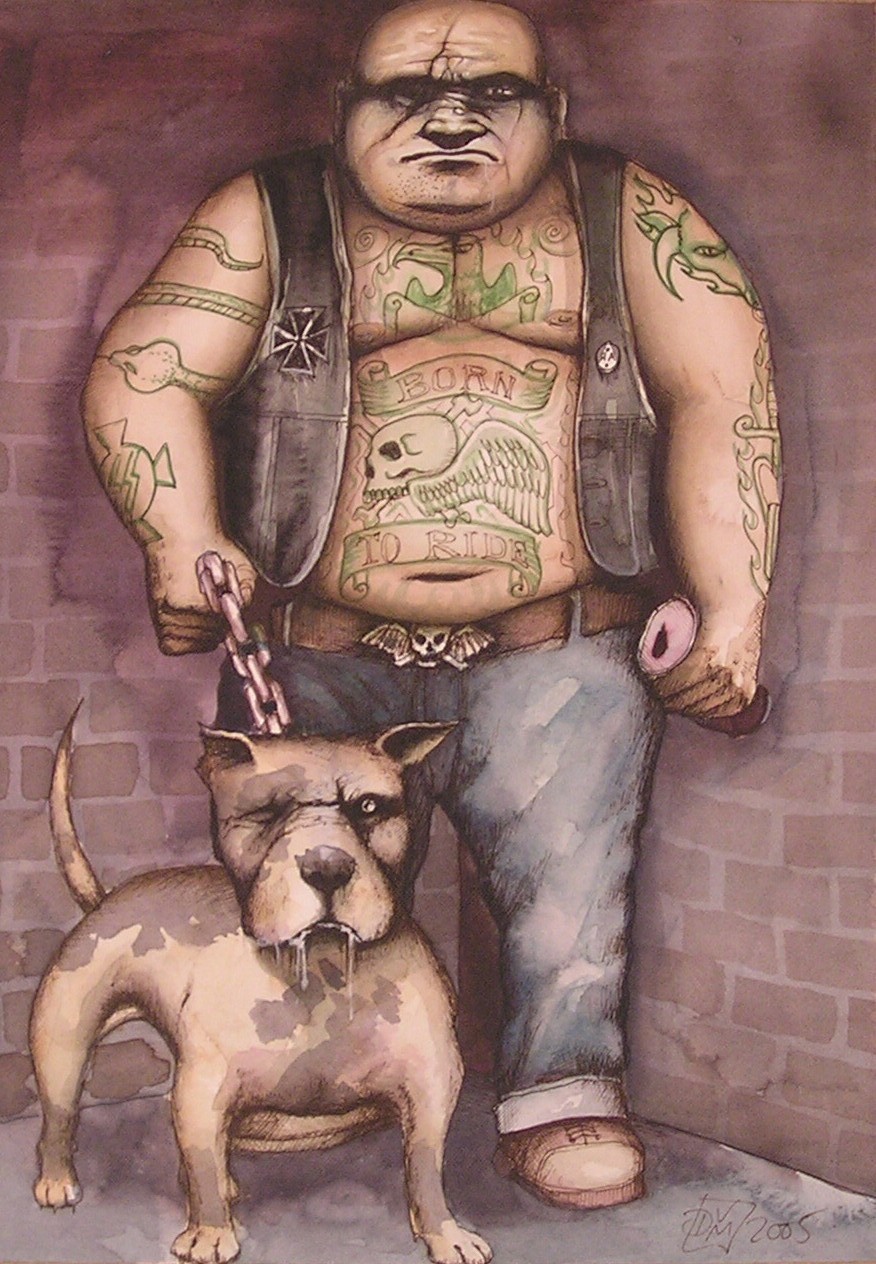 Menacing biker and his dog convey raw aggression and danger.