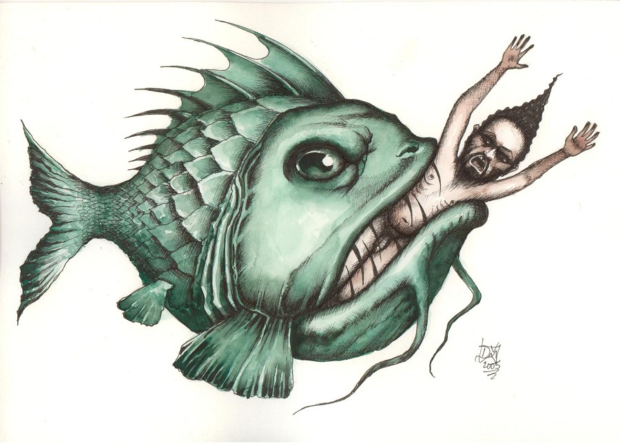 Horror and helplessness in a grotesque, predatory encounter.
