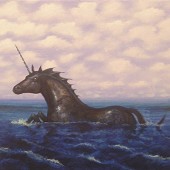 Menacing, mythical creature emerging from stormy seas