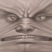 Intense, unsettling, and slightly menacing close-up of a distorted face.