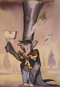 A madcap, theatrical, and slightly menacing figure with an exaggerated expression.