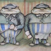 Grim, judgemental figures in a tense, confined space.