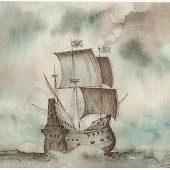 A vintage sailing ship braving stormy seas.