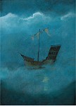 A lone vessel adrift in ethereal, misty depths