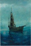 A desolate, haunted vessel adrift on a dark sea