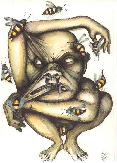 A disturbing scene of torment and helplessness, with a touch of the absurd.