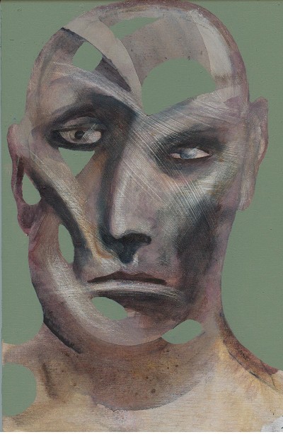 An unsettling, fragmented portrait exuding intense psychological distress.