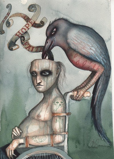A somber and unsettling portrait embodying despair and existential dread.
