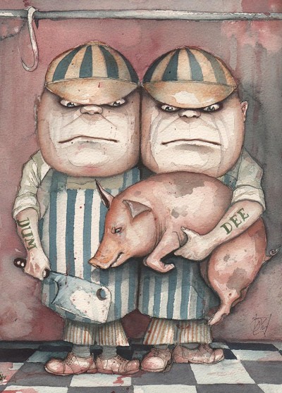 Grim butchers holding a pig with menacing expressions.
