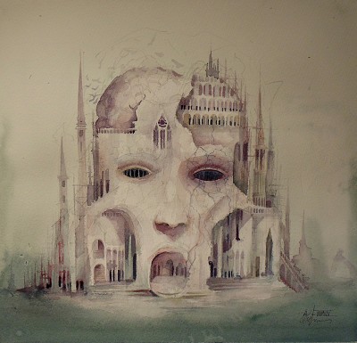 Melancholy and fractured human visage as a decaying architectural masterpiece