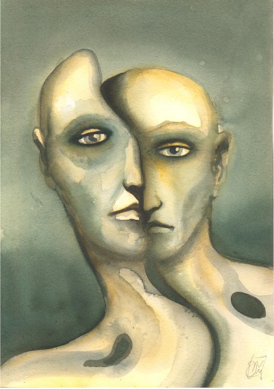 Unsettling self-examination and internal division shown through conflicted faces.