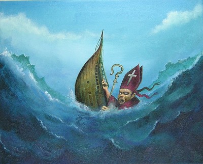 A desperate struggle in a tempestuous sea.