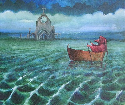 Ominous journey through a desolate, waterlogged landscape.