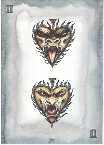 Menacing, aggressive, challenging.