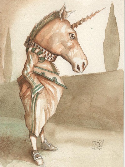 An uncanny, melancholic presence in a dreamlike, muted landscape.