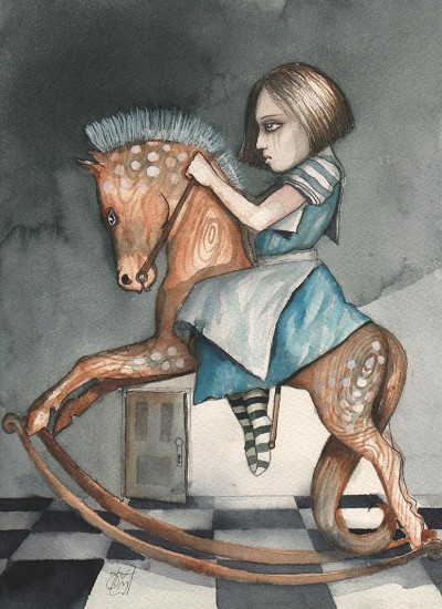 Melancholy dreamscape with child figure and unsettling stillness.
