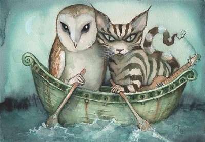 Unsettling journey with a stoic owl and a grumpy cat.
